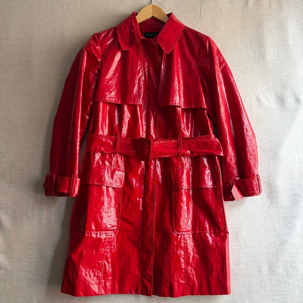 Vintage Dana Buchman Trench Coat Red Coated Linen Glossy Cyberpunk Matrix Jacket